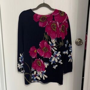 Talbots Navy Sweater with Magenta Floral Print